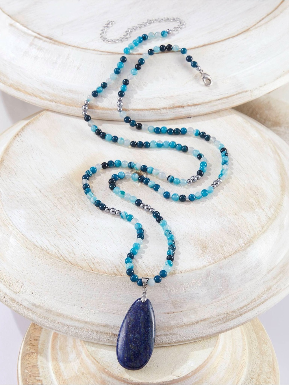 NWOT! Genuine Lapis Teardrop with Agate & Hematite Long Adjustable Necklace